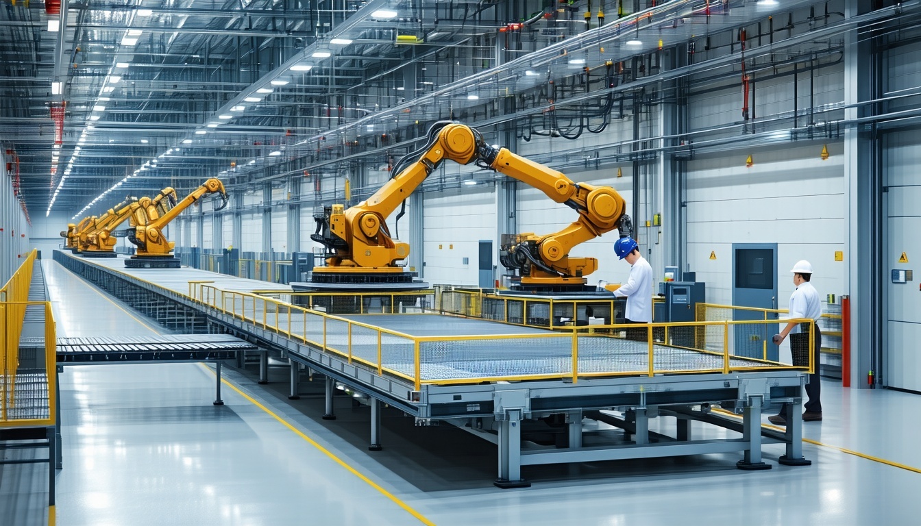 A modern industrial facility with large advanced machines robotic arms assembling components steel structures and engineers inspecting the machinery The setting includes a hightech manufacturing plant with conveyors control panels and automated syste