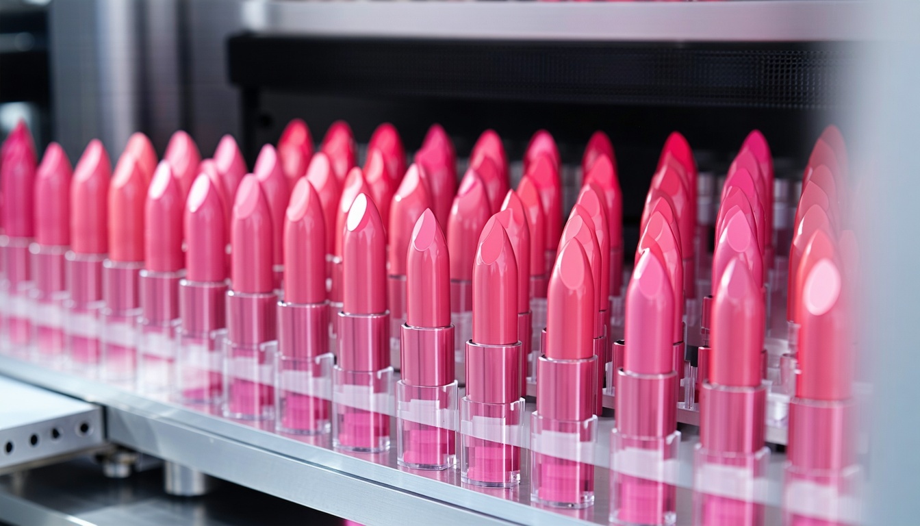 Modern cosmetics production An automated production line on which pink lipsticks are precisely packaged-1