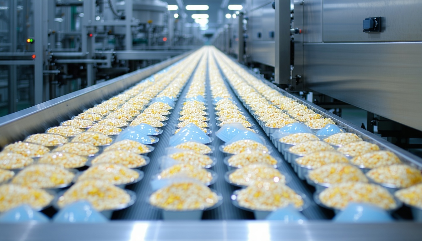 Modern food production line in a clean brightly lit factory environment Conveyor belts transport packaged food such as ready meals canned food or snacks-1