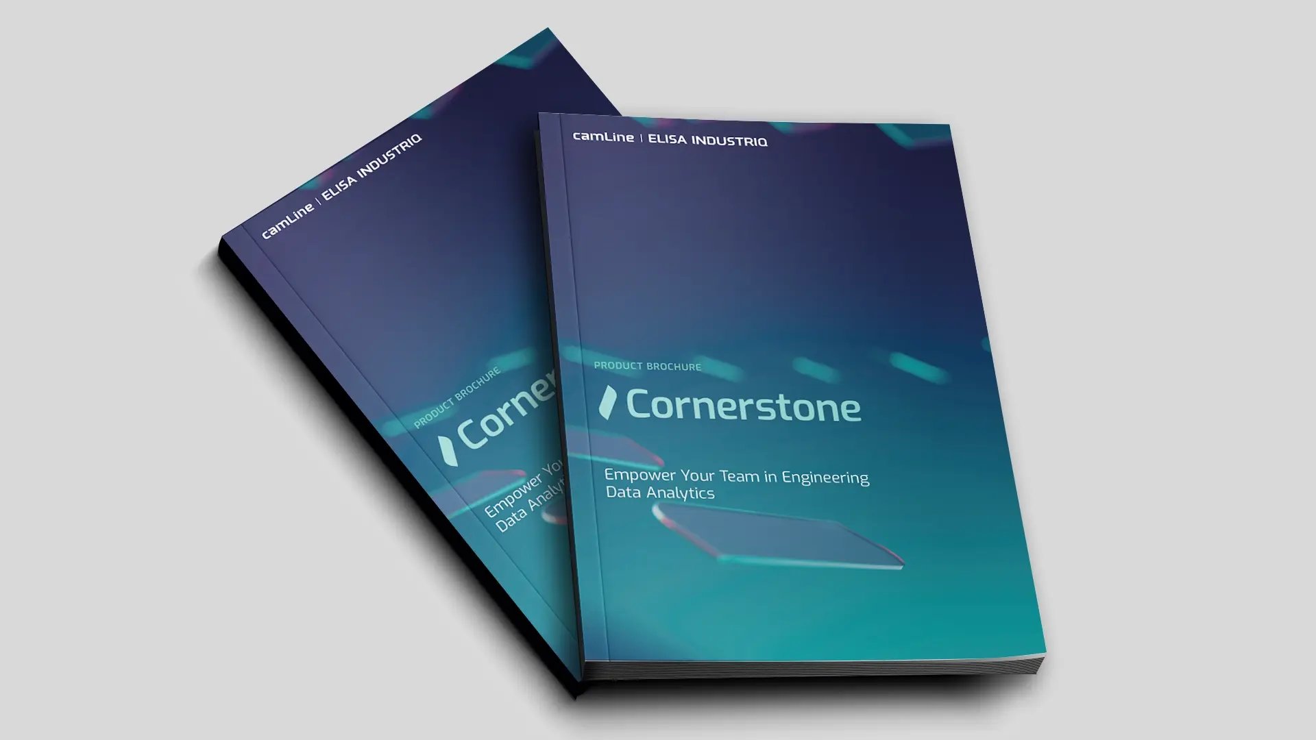 Cornerstone product brochures for engineering data analytics with a modern gradient design and geometric shapes, displayed at an angle.