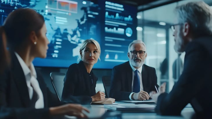 Führungskräfte besprechen Supply-Chain-Risiken und Resilienz anhand digitaler Dashboards