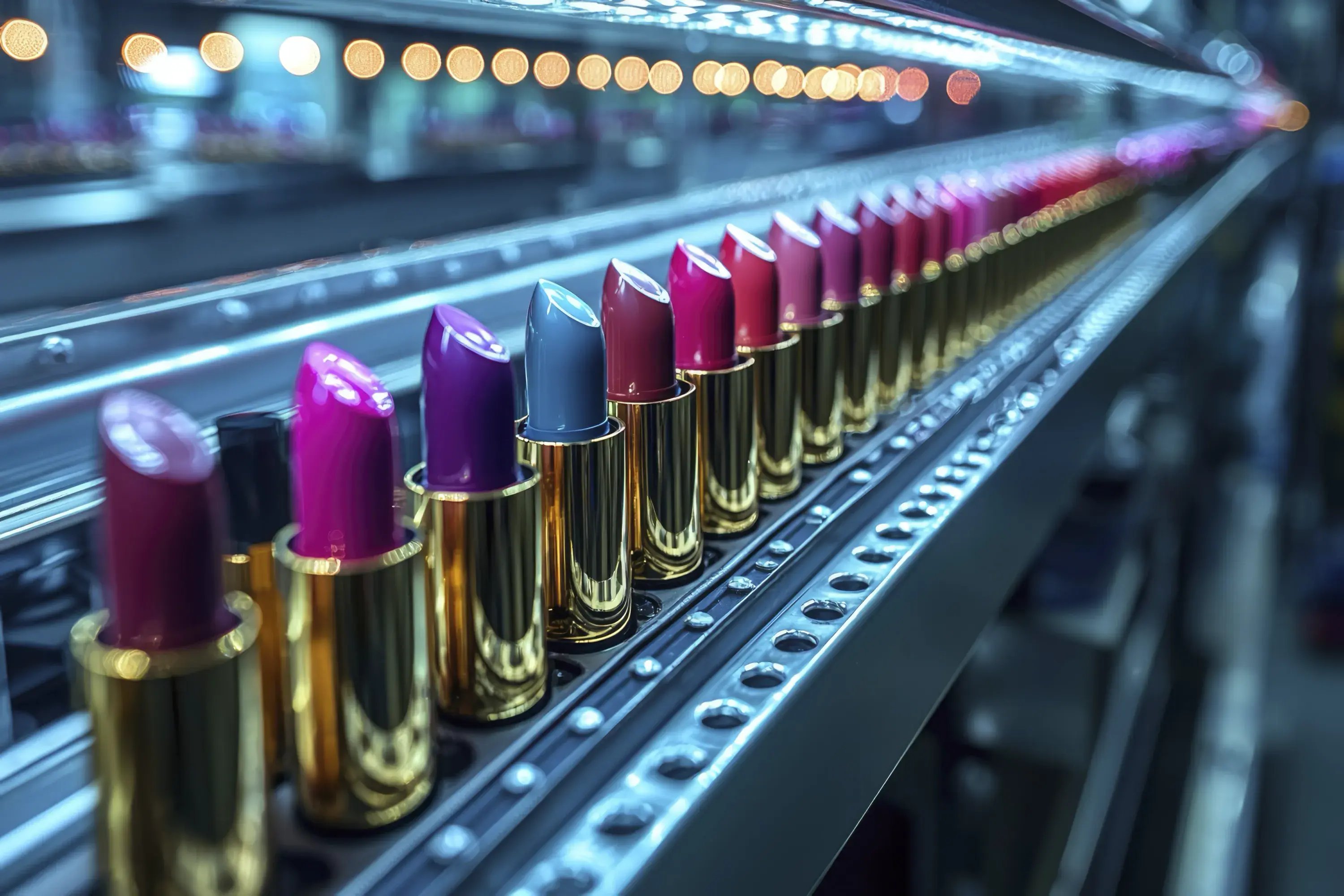 Lippenstifte auf einem Förderband in der Kosmetikproduktion