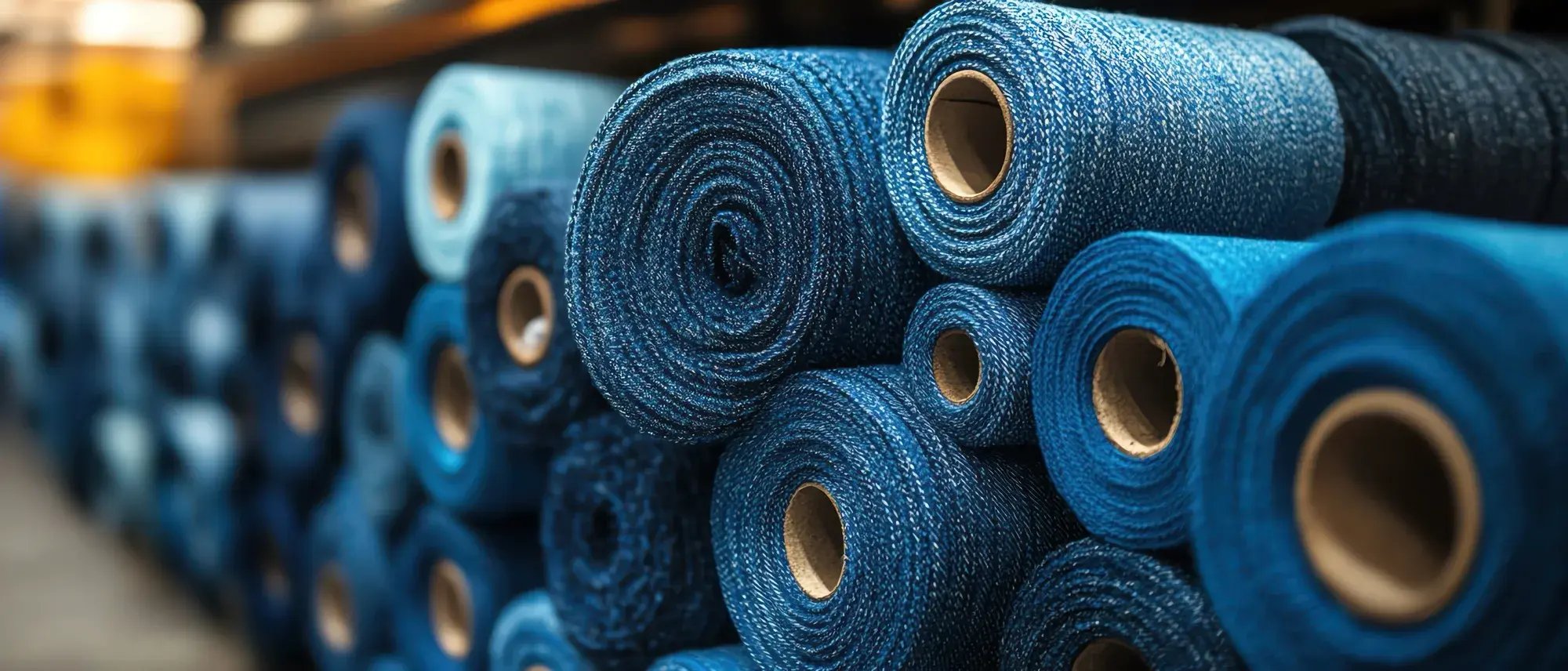 Aufgerollte Denim-Stoffe in einer Produktionsumgebung