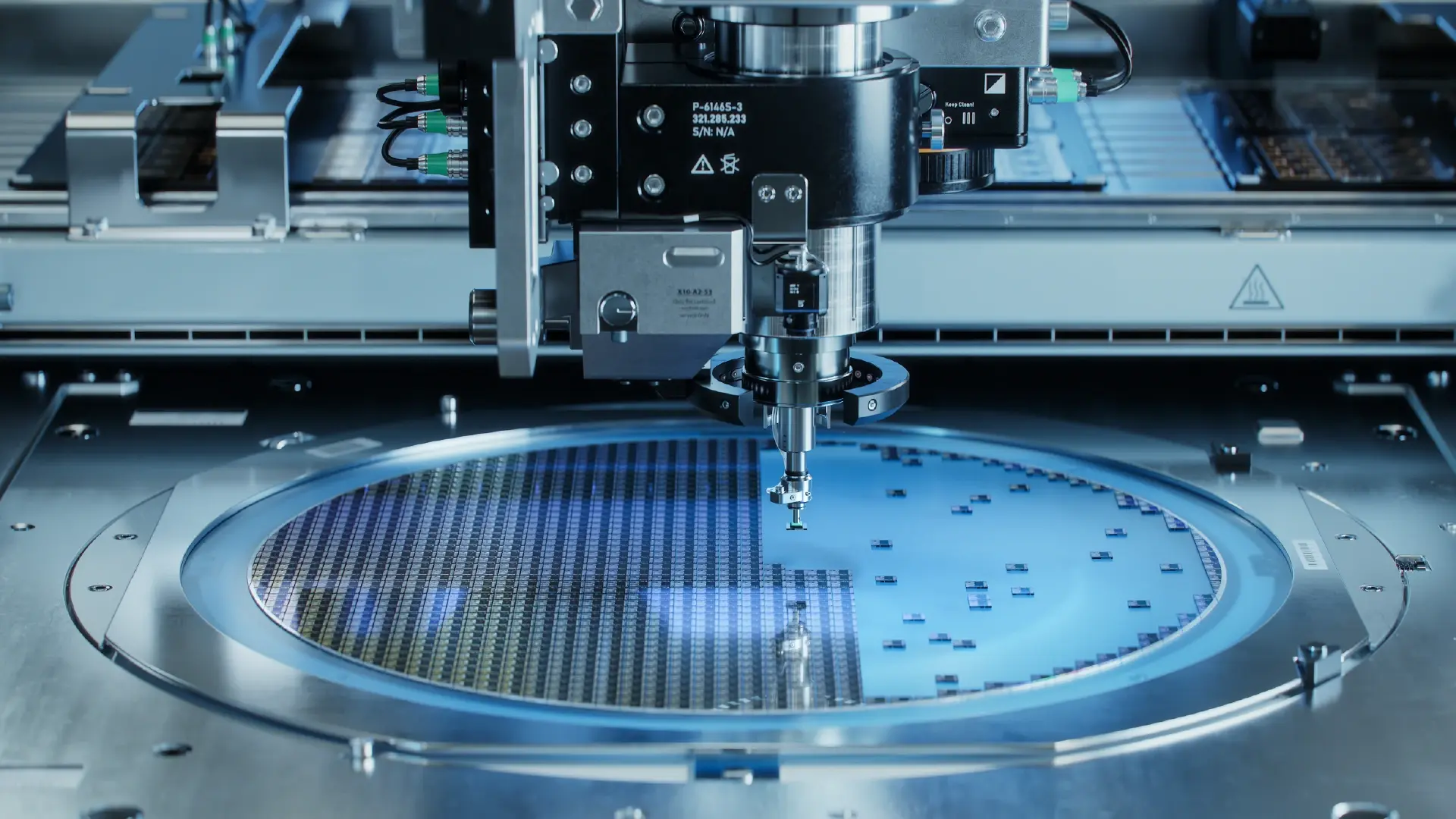 Close-up of semiconductor manufacturing equipment with a silicon wafer and precision robotic arm, representing microchip fabrication in a high-tech cleanroom.